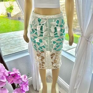 Vintage Blue Sequin Eyelet High Waist Pencil Midi Skirt Size M Medium Pencil